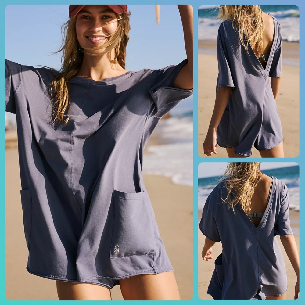 ☀️(A240) NEW Free People Hot Shot Tee Romper. Distressed Indigo Blue. Size: XS